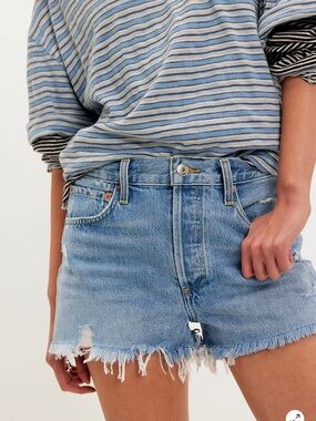 Agolde Light Blue Frayed Hem Distressed Denim Shorts